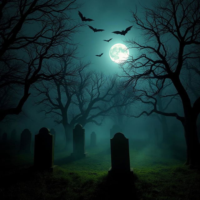 A spooky cemetery at night, enveloped in an eerie atmosphere