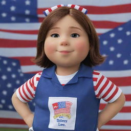 D.W., the character from Arthur, wearing a patriotic outfit demonstrating American pride. She's clad in red, white, and blue, with the American flag gracefully draped around her.