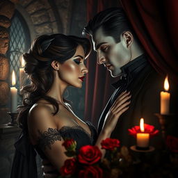 A mysterious and passionate scene illustrating the love between a woman and a Black vampire, set in a dimly lit Gothic castle