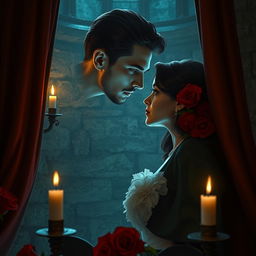 A mysterious and passionate scene illustrating the love between a woman and a Black vampire, set in a dimly lit Gothic castle