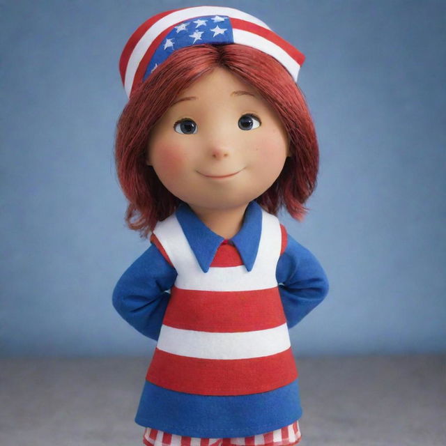 D.W., the character from Arthur, wearing a patriotic outfit demonstrating American pride. She's clad in red, white, and blue, with the American flag gracefully draped around her.