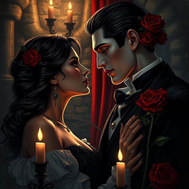 A mysterious and passionate scene illustrating the love between a woman and a Black vampire, set in a dimly lit Gothic castle