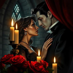 A mysterious and passionate scene illustrating the love between a woman and a Black vampire, set in a dimly lit Gothic castle