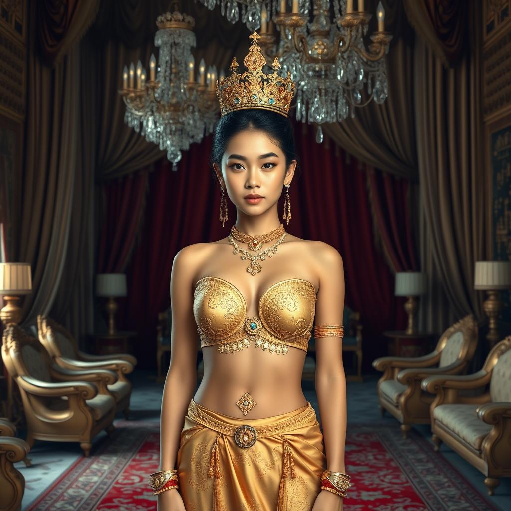 A stunning and regal young Javanese queen, aged 19, with a perfectly proportioned body and an oval face