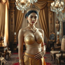 A stunning and regal young Javanese queen, aged 19, with a perfectly proportioned body and an oval face