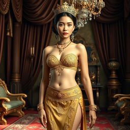 A stunning and regal young Javanese queen, aged 19, with a perfectly proportioned body and an oval face