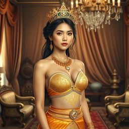 A stunning and regal young Javanese queen, aged 19, with a perfectly proportioned body and an oval face