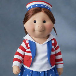 D.W., the character from Arthur, wearing a patriotic outfit demonstrating American pride. She's clad in red, white, and blue, with the American flag gracefully draped around her.