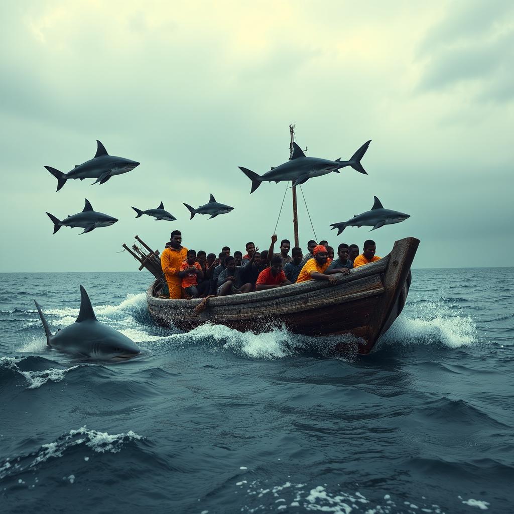 A gripping image of a cayuco, a small and weathered wooden boat, packed with anxious Sub-Saharan immigrants, as it floats perilously in the ocean