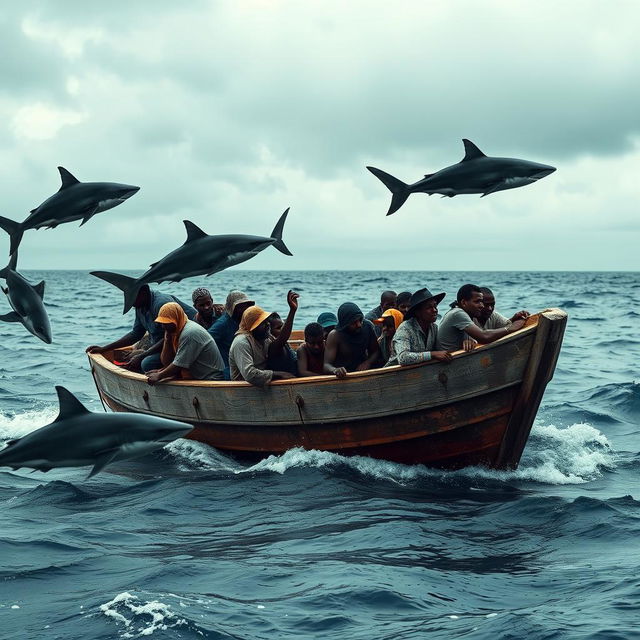 A gripping image of a cayuco, a small and weathered wooden boat, packed with anxious Sub-Saharan immigrants, as it floats perilously in the ocean