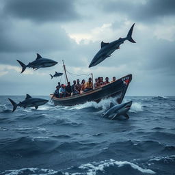 A gripping image of a cayuco, a small and weathered wooden boat, packed with anxious Sub-Saharan immigrants, as it floats perilously in the ocean