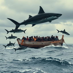 A gripping image of a cayuco, a small and weathered wooden boat, packed with anxious Sub-Saharan immigrants, as it floats perilously in the ocean