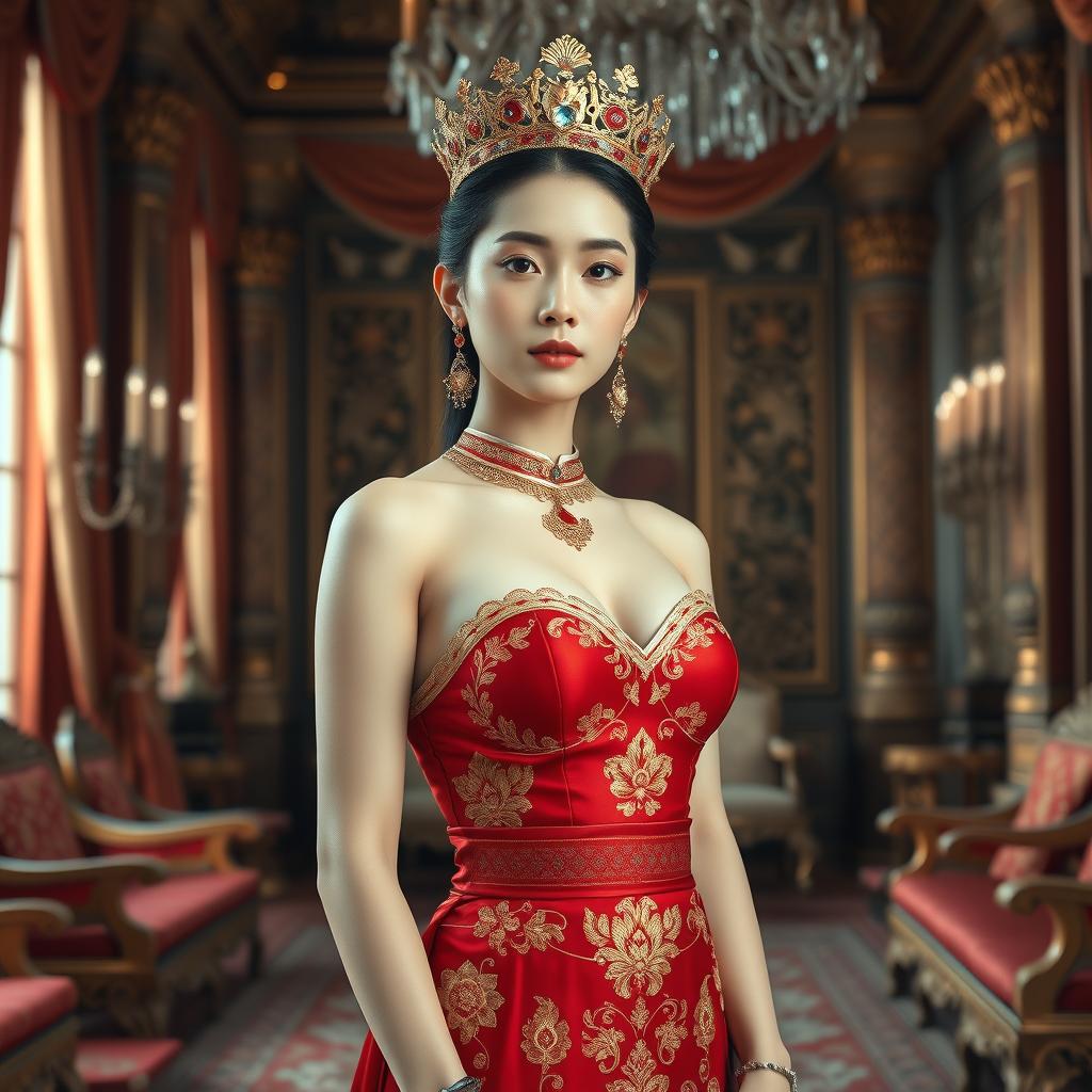 A 19-year-old beautiful Korean woman with an ideal proportional body, portraying a role as a queen of the Javanese kingdom