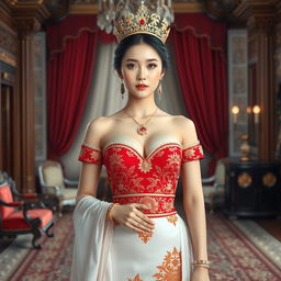 A 19-year-old beautiful Korean woman with an ideal proportional body, portraying a role as a queen of the Javanese kingdom