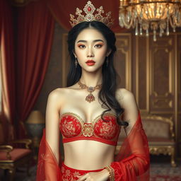 A 19-year-old beautiful Korean woman with an ideal proportional body, portraying a role as a queen of the Javanese kingdom