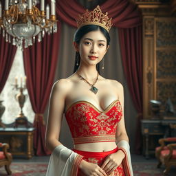 A 19-year-old beautiful Korean woman with an ideal proportional body, portraying a role as a queen of the Javanese kingdom