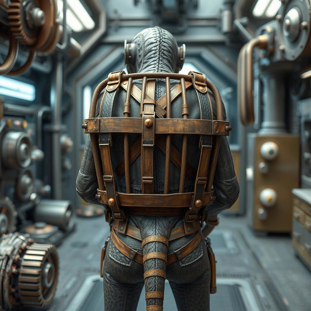 A cage designed to attach to the back of a human-sized creature