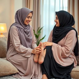 Two Arab women in elegant hijabs in a relaxed indoor setting, playfully interacting with each other's feet, showcasing a sense of intimacy and connection