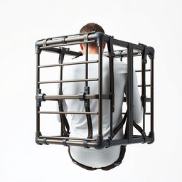 A 2-meter cage designed to attach to a back, floating in space against a pure white background