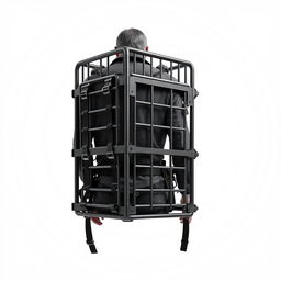 A 2-meter cage designed to attach to a back, floating in space against a pure white background