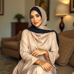 A beautiful Arab woman wearing an elegant hijab, showcasing her beauty and style