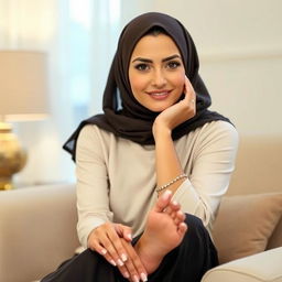 A beautiful Arab woman wearing an elegant hijab, showcasing her beauty and style