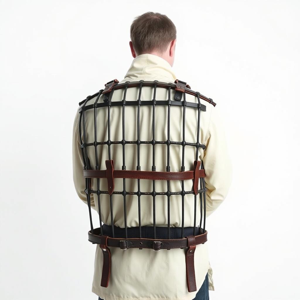 A 2-meter cage designed to be worn like a backpack on a human's back, set against a stark white background