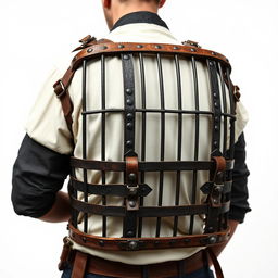 A 2-meter cage designed to be worn like a backpack on a human's back, set against a stark white background