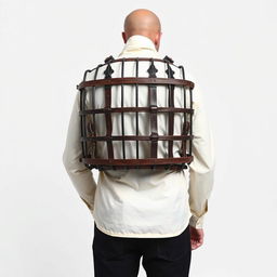 A 2-meter cage designed to be worn like a backpack on a human's back, set against a stark white background