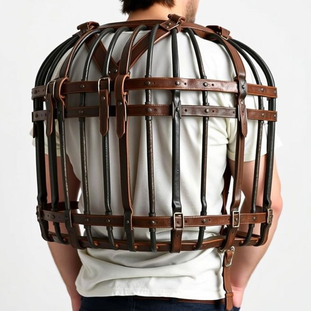 A 2-meter cage designed to be worn like a backpack on a human's back, set against a stark white background