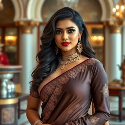 An Indian Instagram model exuding elegance and grace, wearing a sophisticated fusion outfit that showcases her curvy, sexy body figure with big breasts and wide hips