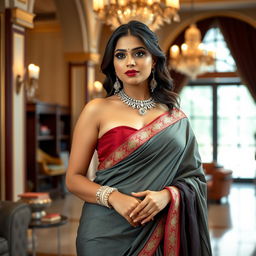 An Indian Instagram model exuding elegance and grace, wearing a sophisticated fusion outfit that showcases her curvy, sexy body figure with big breasts and wide hips