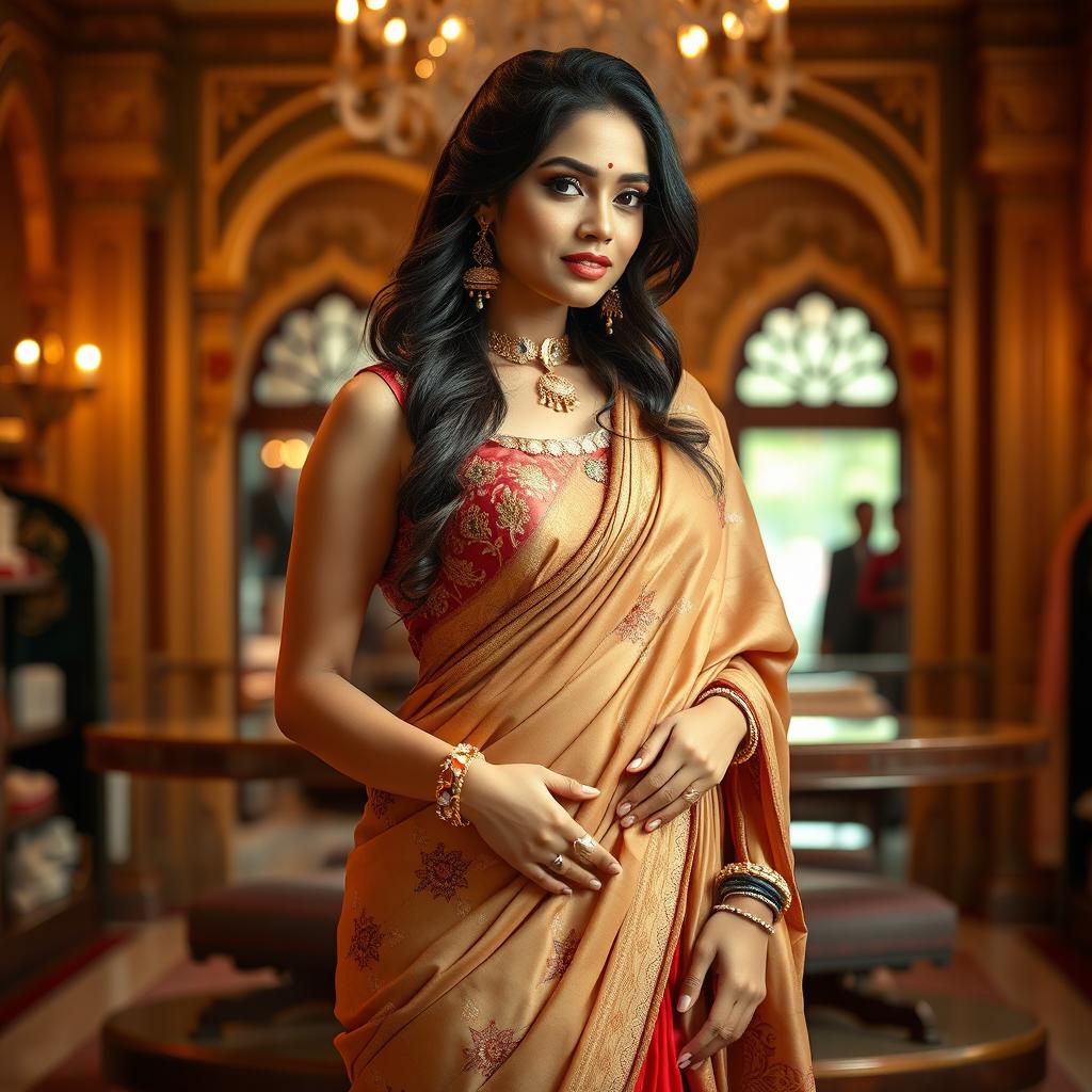 An Indian Instagram model exuding elegance and grace, wearing a sophisticated fusion outfit that showcases her curvy, sexy body figure with big breasts and wide hips