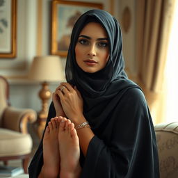 A gracefully elegant Arab woman wearing a stylish hijab, exuding a sensual aura