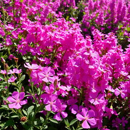 A serene and captivating image background featuring a lush garden full of vibrant pink and lilac flowers