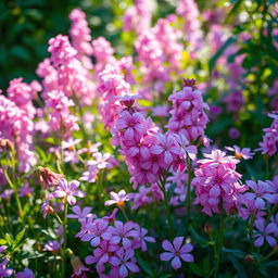 A serene and captivating image background featuring a lush garden full of vibrant pink and lilac flowers