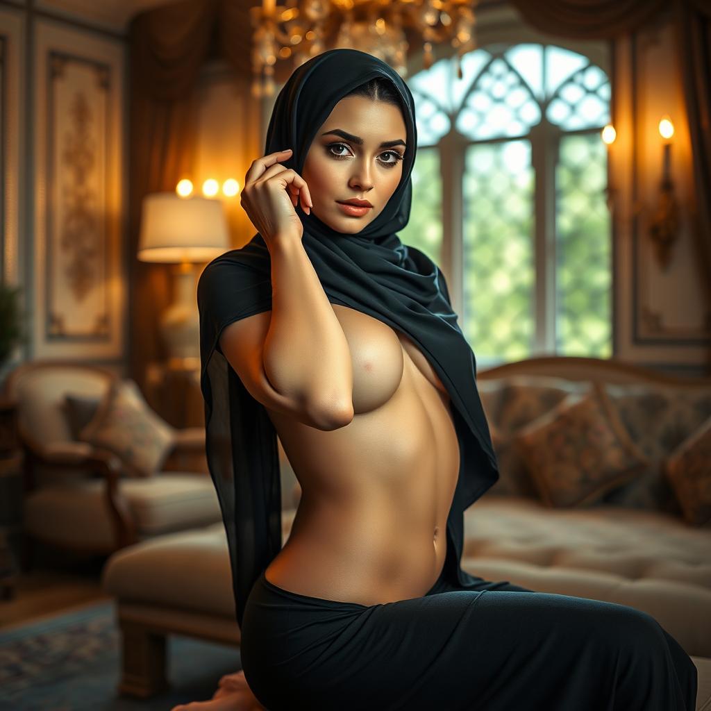 An alluring Arab woman with captivating beauty, wearing an elegant hijab while artistically posed to emphasize her sensual figure and beautifully delicate feet