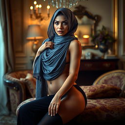 An alluring Arab woman with captivating beauty, wearing an elegant hijab while artistically posed to emphasize her sensual figure and beautifully delicate feet