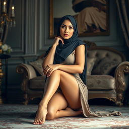 An alluring Arab woman with captivating beauty, wearing an elegant hijab while artistically posed to emphasize her sensual figure and beautifully delicate feet