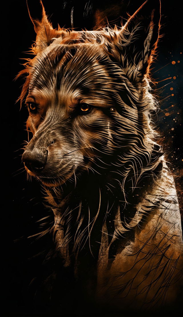 UHD digital art of a dog rendered in mysterious abstractions with double exposure and emotional gestural marks. The image has a grainy noir aesthetic with elements of aestheticized violence and Caravaggism.