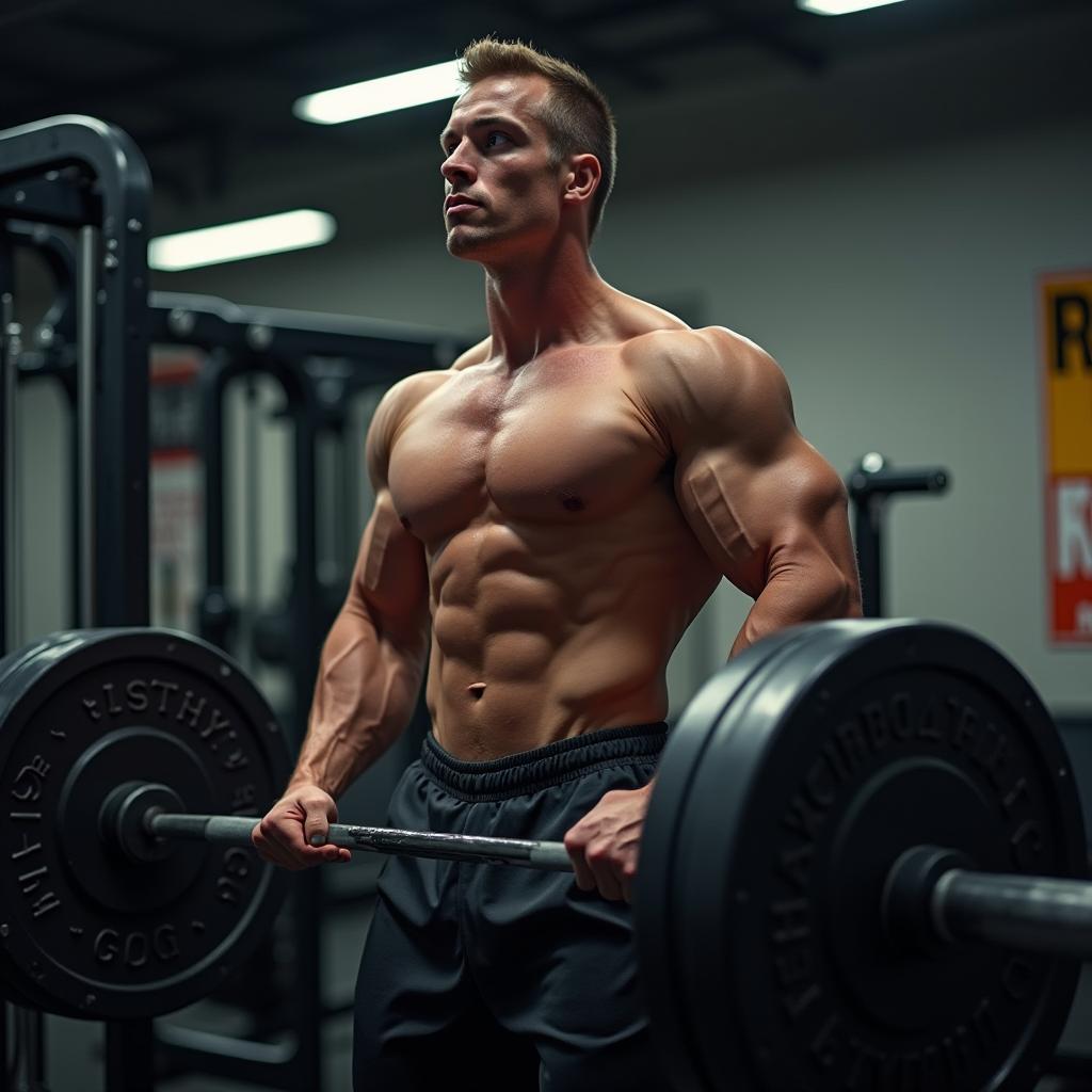 A strong and determined athlete lifting heavy weights in a modern gym