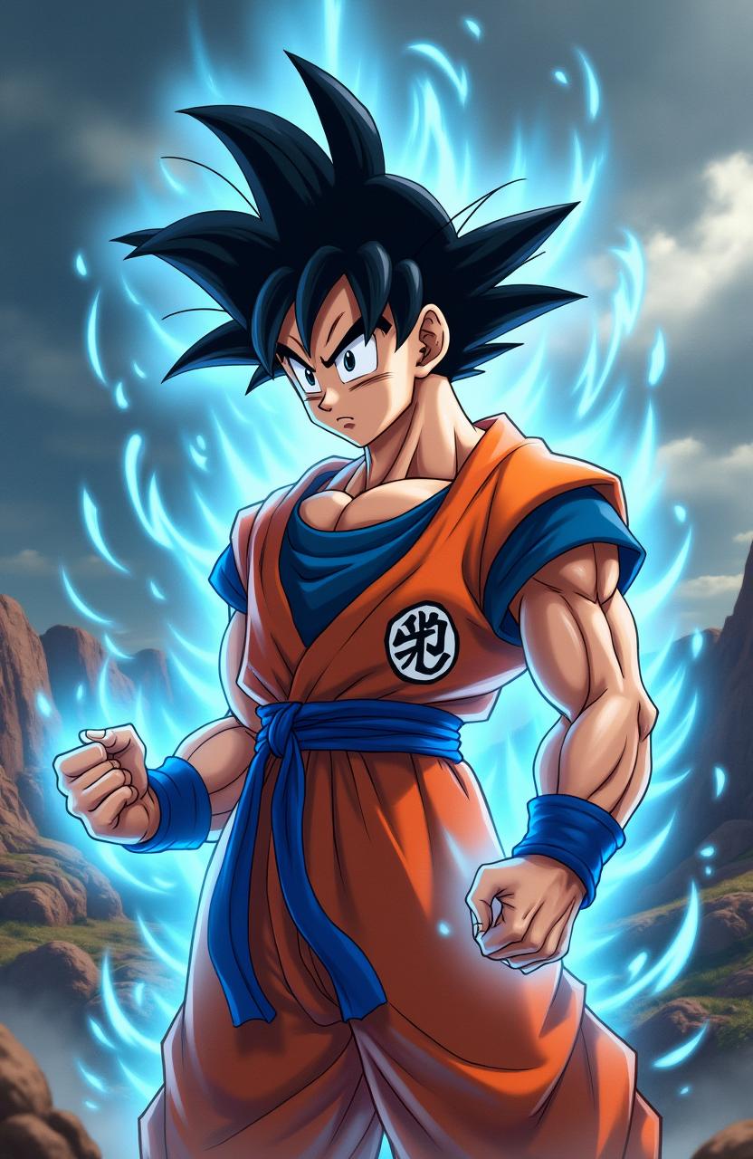 A highly detailed and dynamic illustration of Goku, the legendary warrior from Dragon Ball, with his iconic spiky black hair, wearing his orange and blue martial arts gi