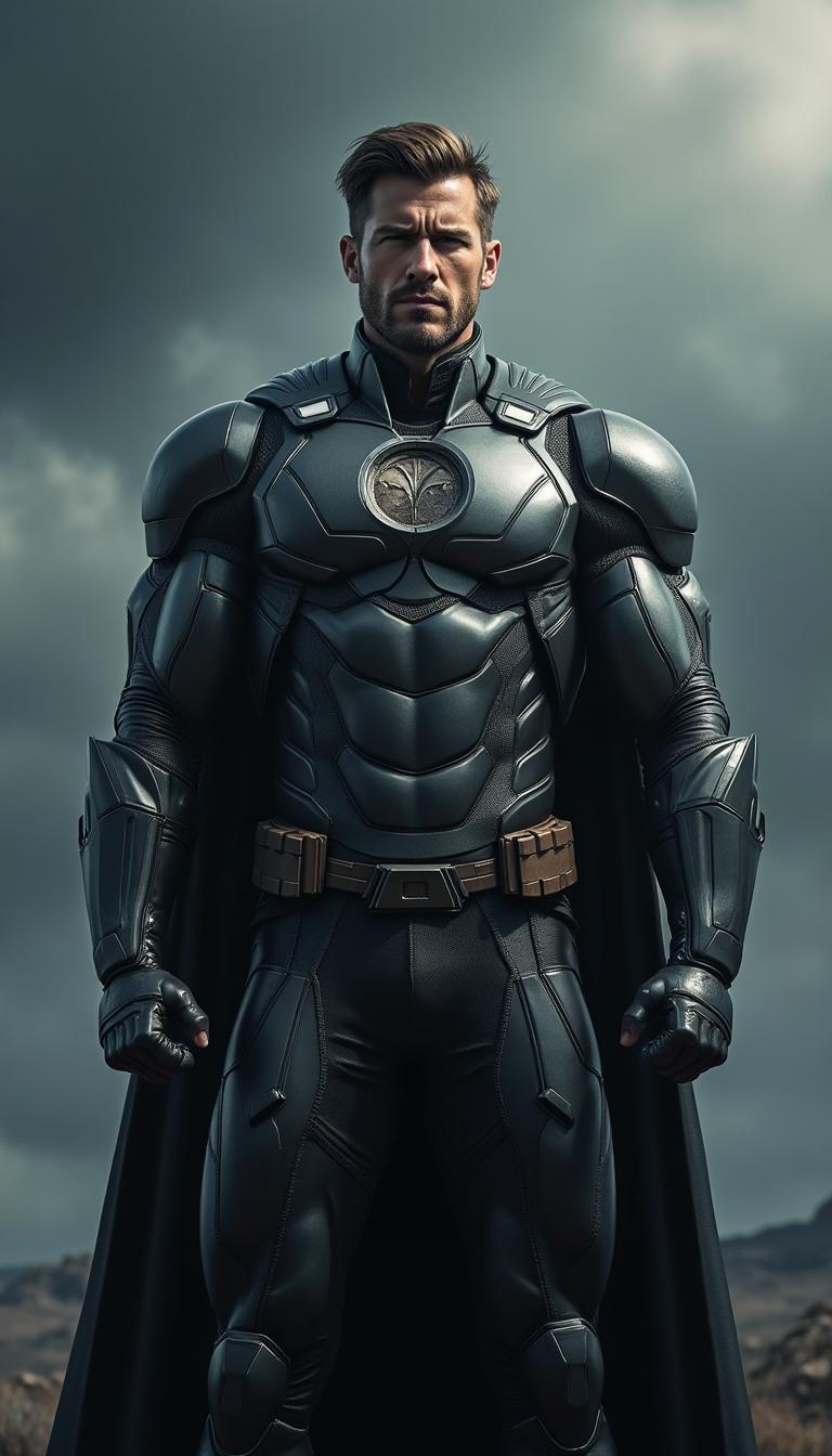 A powerful and confident superhero standing with determination and poise, wearing a sleek armored suit with a distinct emblem on the chest signifying strength