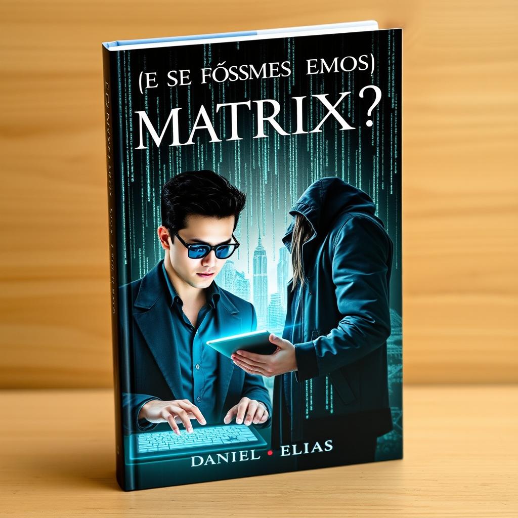 A captivating book cover titled 'E Se Fôssemos Matrix?' featuring two main characters, Daniel and Elias