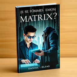 A captivating book cover titled 'E Se Fôssemos Matrix?' featuring two main characters, Daniel and Elias