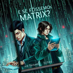 A captivating book cover titled 'E Se Fôssemos Matrix?' featuring two main characters, Daniel and Elias