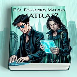 A captivating book cover titled 'E Se Fôssemos Matrix?' featuring two main characters, Daniel and Elias