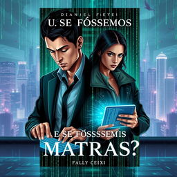 A captivating book cover titled 'E Se Fôssemos Matrix?' featuring two main characters, Daniel and Elias