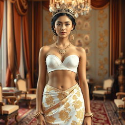 A 19-year-old beautiful young woman with an ideal, proportional body, portraying the role of a Javanese queen