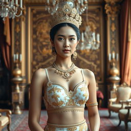 A 19-year-old beautiful young woman with an ideal, proportional body, portraying the role of a Javanese queen